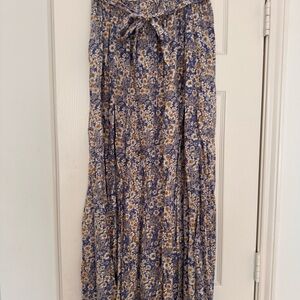 Patrons of Peace Blue and Mustard Floral Maxi Skirt with Tie Waist